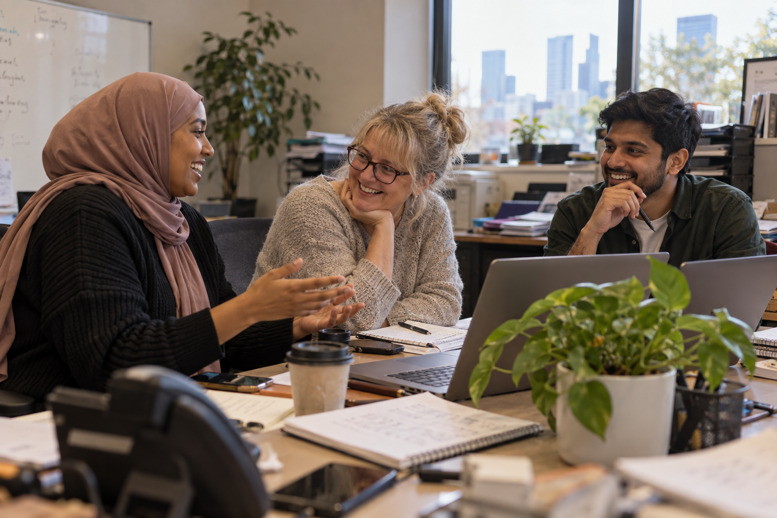 Members of the Splendid Coordination team talking together around a desk